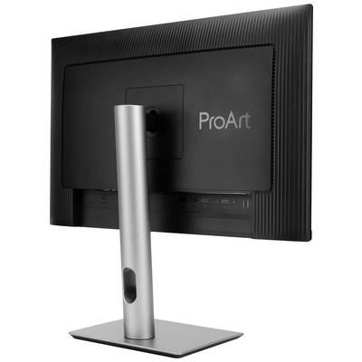 A computer monitor viewed from behind, with the label 'ProArt'. The monitor has a sturdy, silver metal stand.