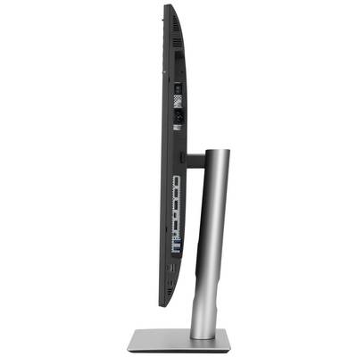 Side view of a slim monitor on a sturdy stand. Multiple connection options are visible on the back.