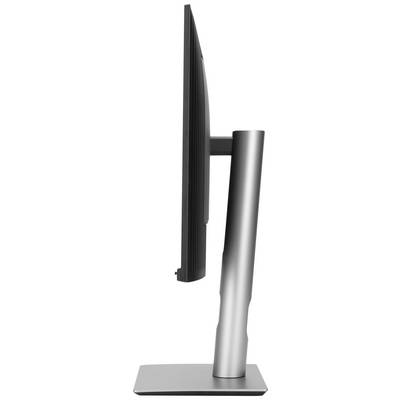 A side view of a modern, slim computer monitor with a silver-coloured stand, sitting on a table.