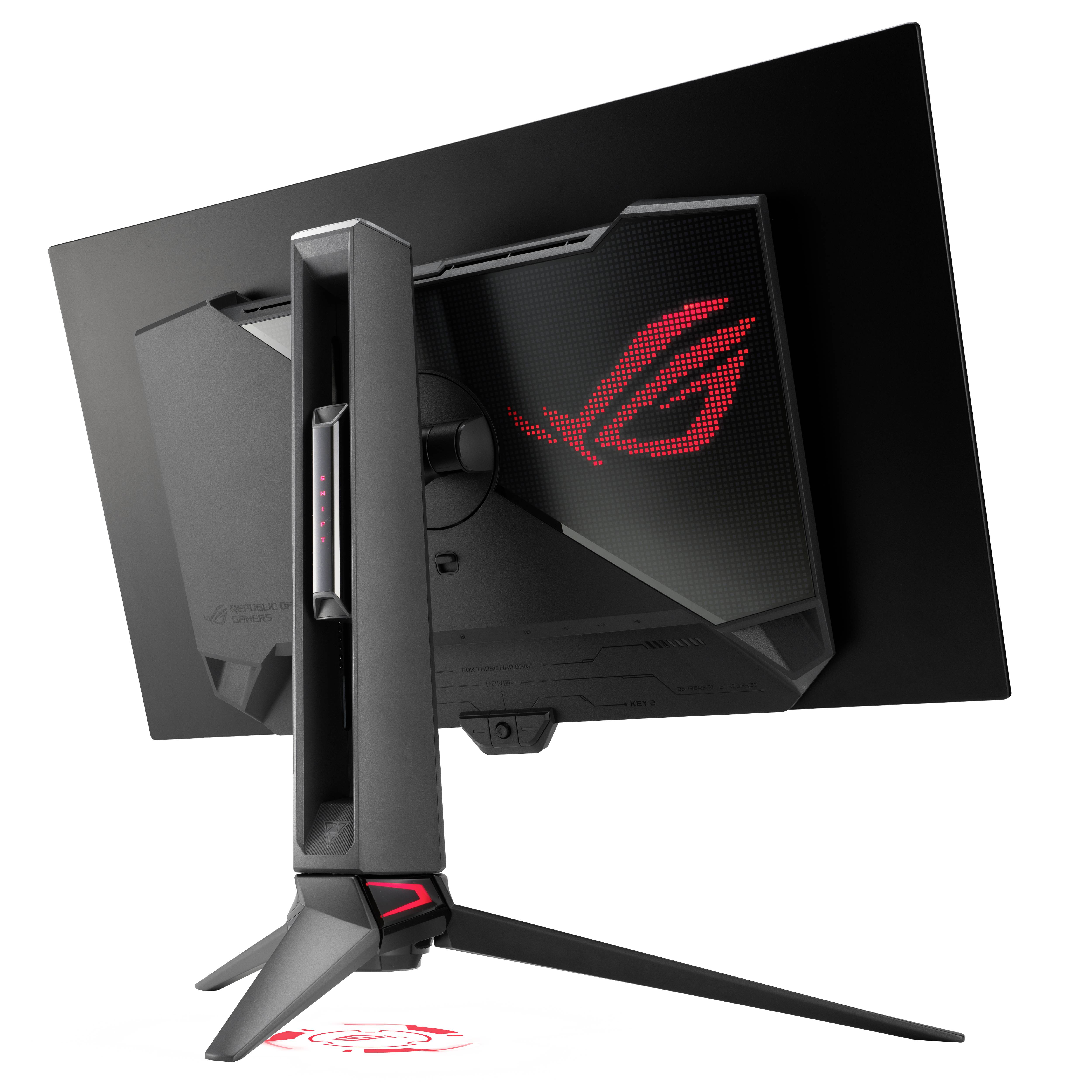 A gaming monitor with a sleek, black design and a glowing red logo on the back. Designed for gamers.