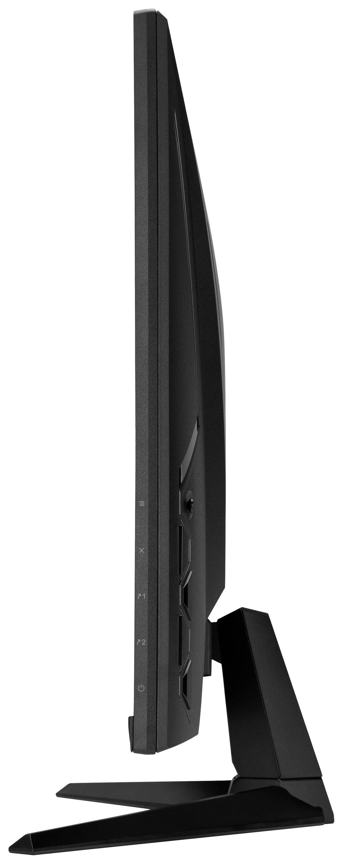 Side view of a flat computer monitor on a stand, showing its sleek design and ultra-thin profile.