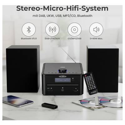 Stereo Micro Hi-Fi System with two speakers, central unit and remote control; supports Bluetooth, DAB+/FM, USB and CD/MP3, 2x40W max.