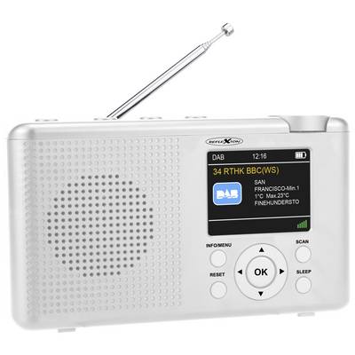 A silver DAB radio with selection buttons, its screen tuned to '34 RTHK BBC', displays weather details underneath.