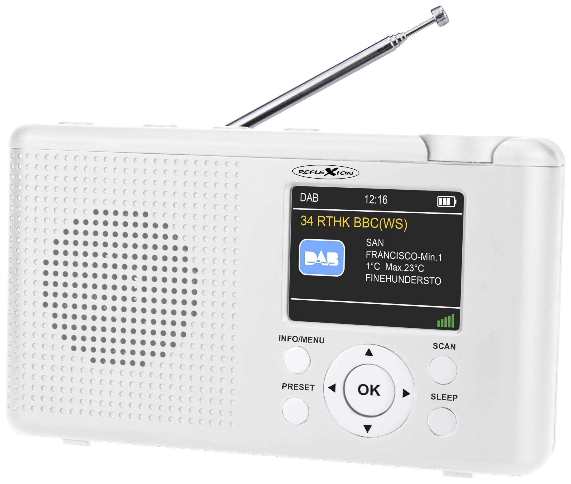 White portable digital radio with telescopic antenna and display showing a radio station with weather information.