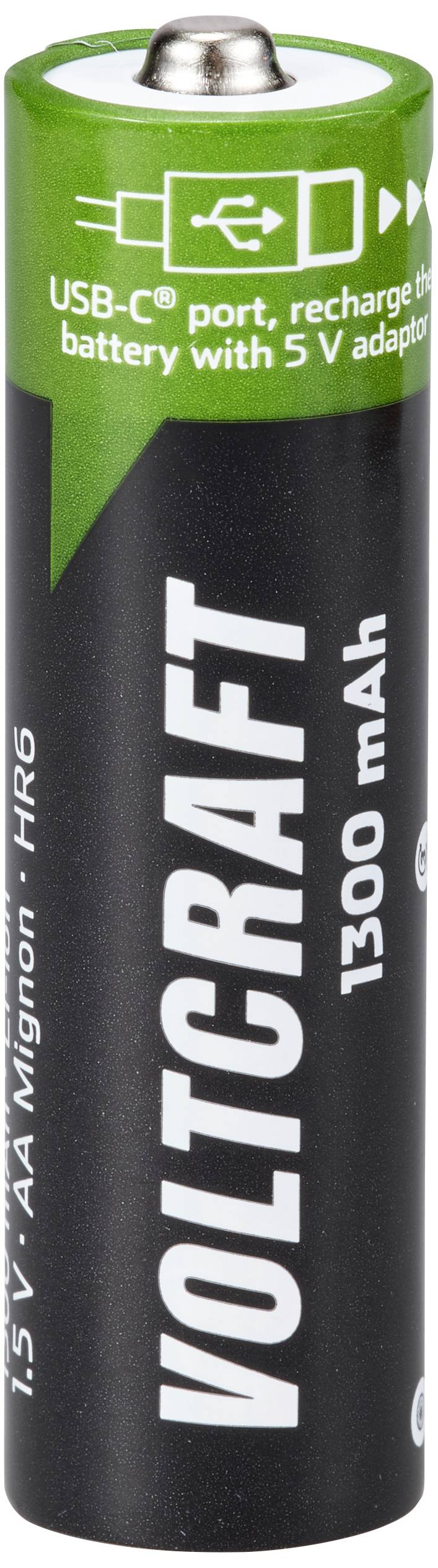 'Voltcraft Battery, 1.5V AA Mignon, 1300 mAh. Note: Chargeable via USB-C port with 5V adapter.'