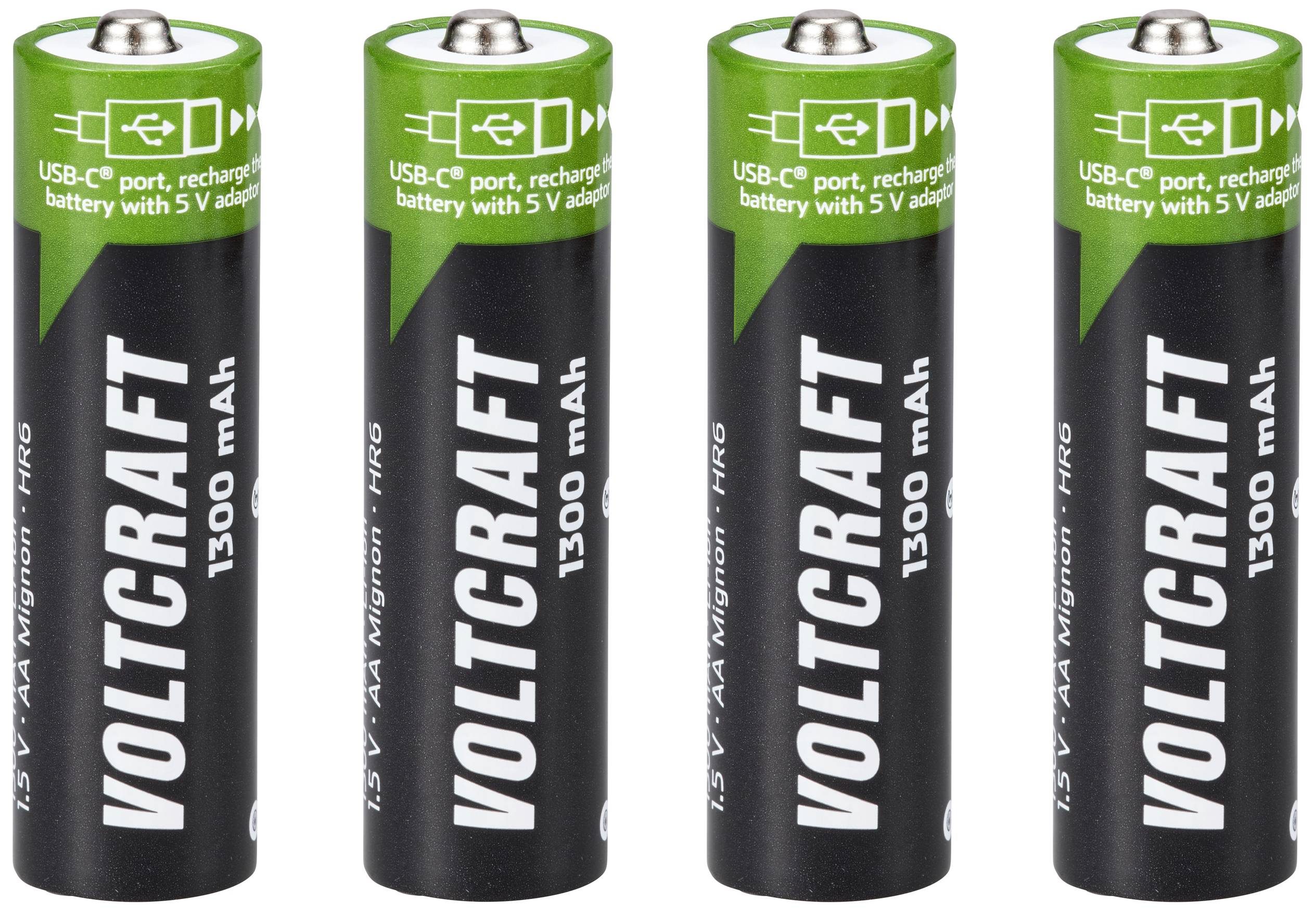 Four rechargeable AA batteries by VOLTCRAFT with USB-C connection, 1.5V, 1300 mAh, arranged in a row.