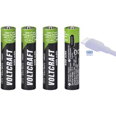 Four rechargeable Voltcraft AAA batteries with USB-C charging port. A USB-C plug is shown alongside the batteries.