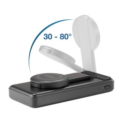 A wireless charger with an adjustable stand shows an angle adjustment range of 30 to 80 degrees.
