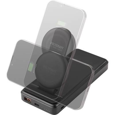 A black power bank with two smartphones being wirelessly charged. Lights on the power bank indicate the charging status.