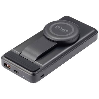 Portable power bank with USB ports and integrated smartphone holder on the top surface.