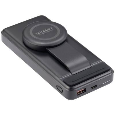 Black power bank with integrated wireless charger and USB port, compact and portable, suitable for mobile devices.