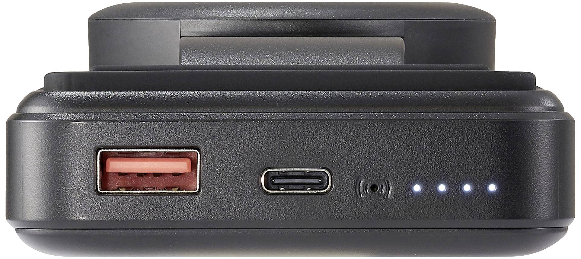 View of a portable power bank with USB ports and LED charging indicator on the front.