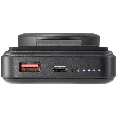 View of a portable power bank with USB ports and LED charging indicator on the front.
