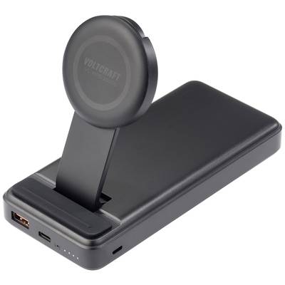 Black power bank with integrated, foldable wireless charging pad for smartphones. USB port on the side.