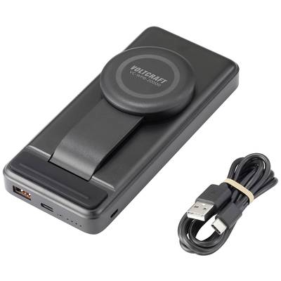 Black power bank with USB port and removable cable for charging devices. Suitable for mobile power supply.