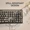 Keyboard splashed with water. Text: 'Splash-water protected design'.