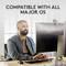 A man sits in front of two monitors in an office, with text above reading 'COMPATIBLE WITH ALL MAJOR OPERATING SYSTEMS'.
