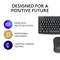 A keyboard and mouse next to text: 'Developed for a Positive Future'. Highlights: recycled plastic, eco-friendly packaging, CO2-neutral certification.