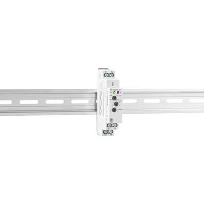 White electronic device for mounting on a DIN rail with buttons and coloured LEDs for control or regulation.
