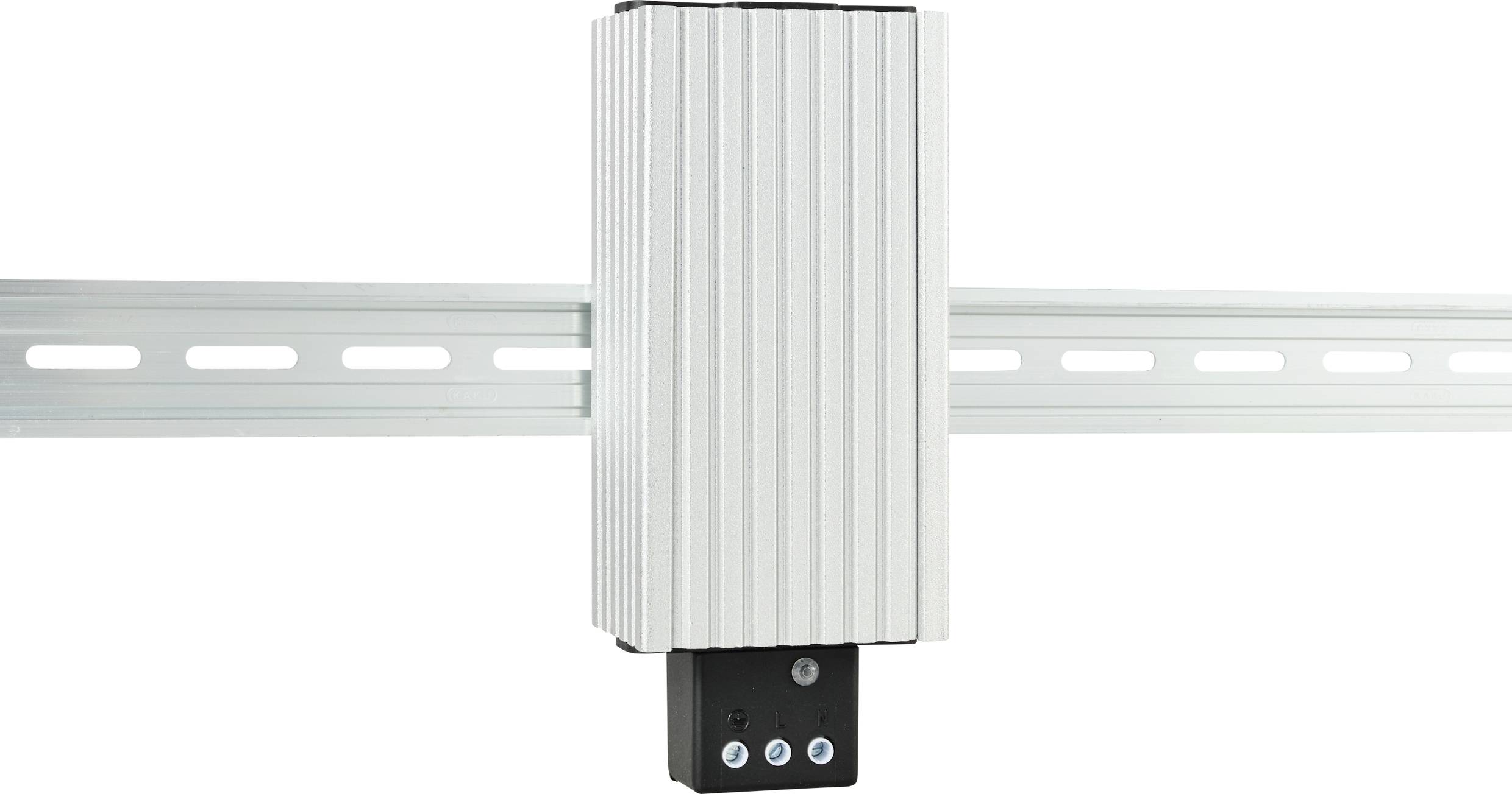 Metallic device with vertical grooves, mounted on a horizontal rail. Three round buttons are located at the bottom.