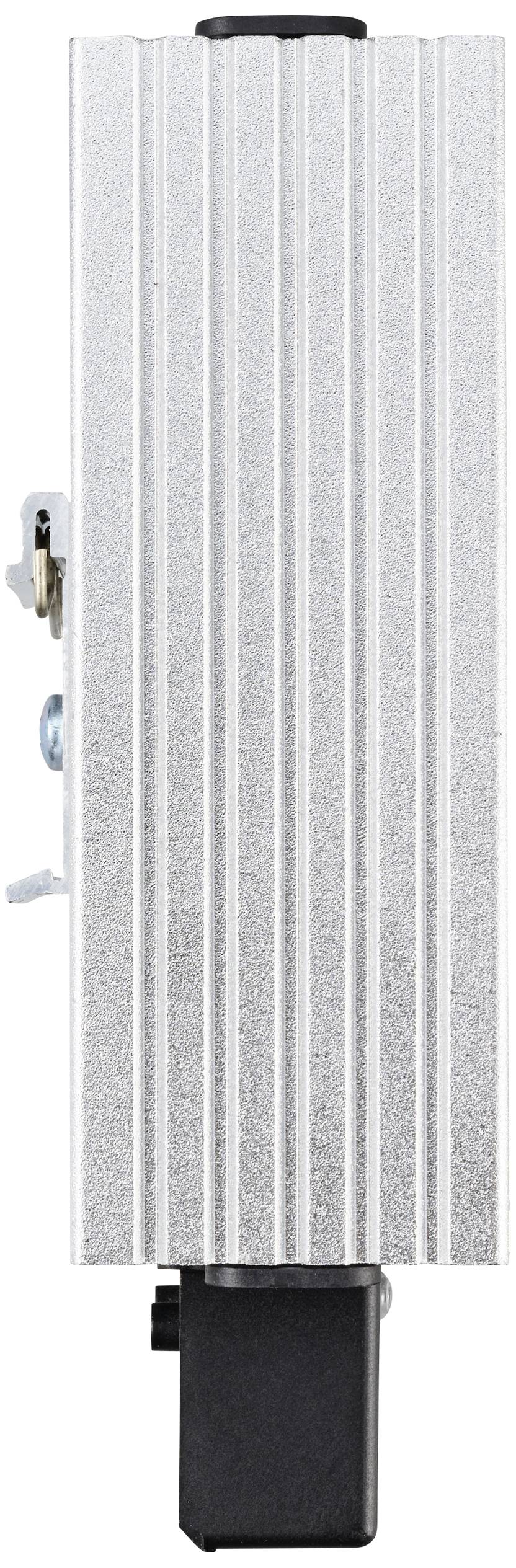A silver, vertical metal profile with a ribbed surface and black end piece. A small, round element is visible on the side.