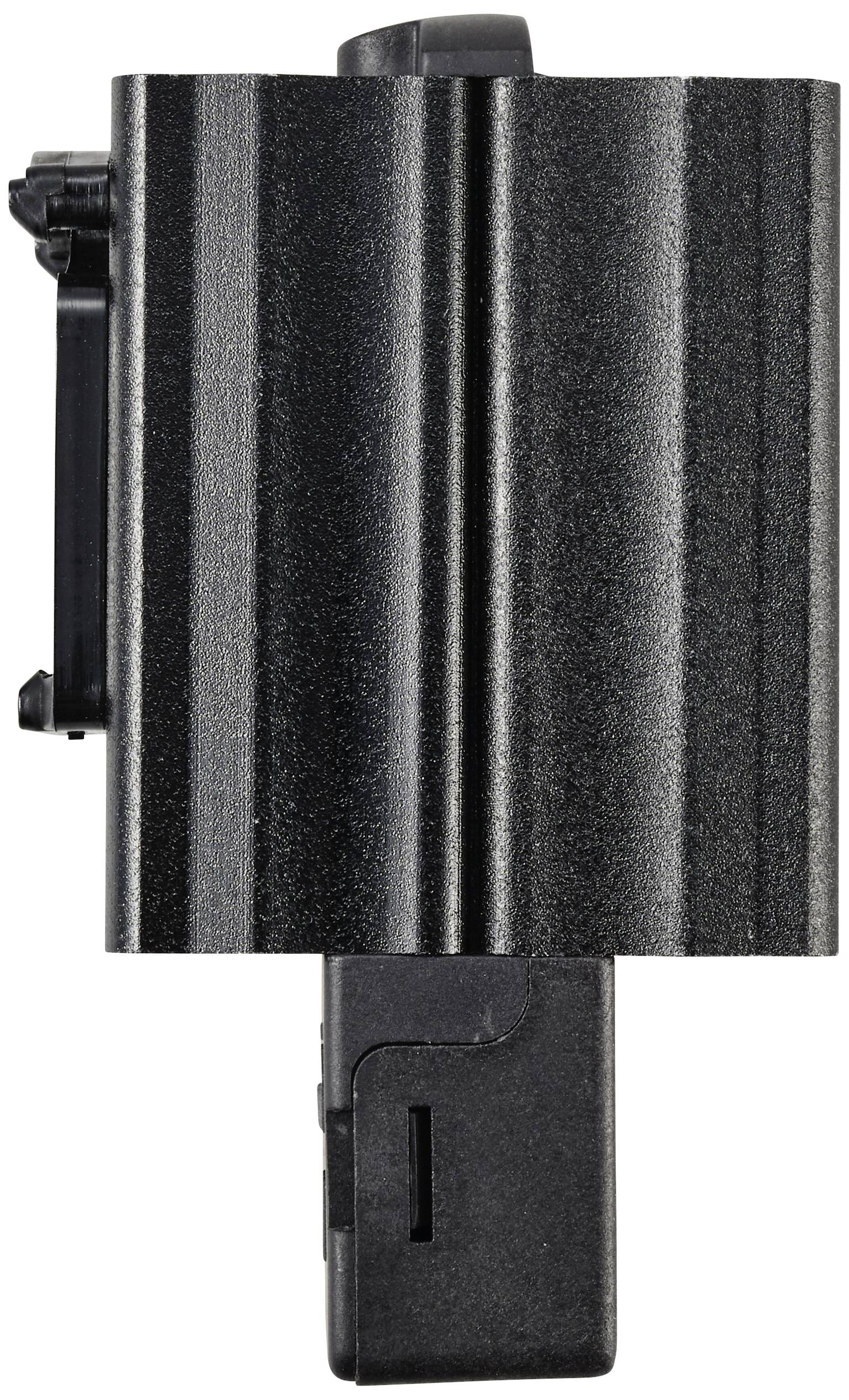 A black, rectangular electronic device with a USB connection on its underside.