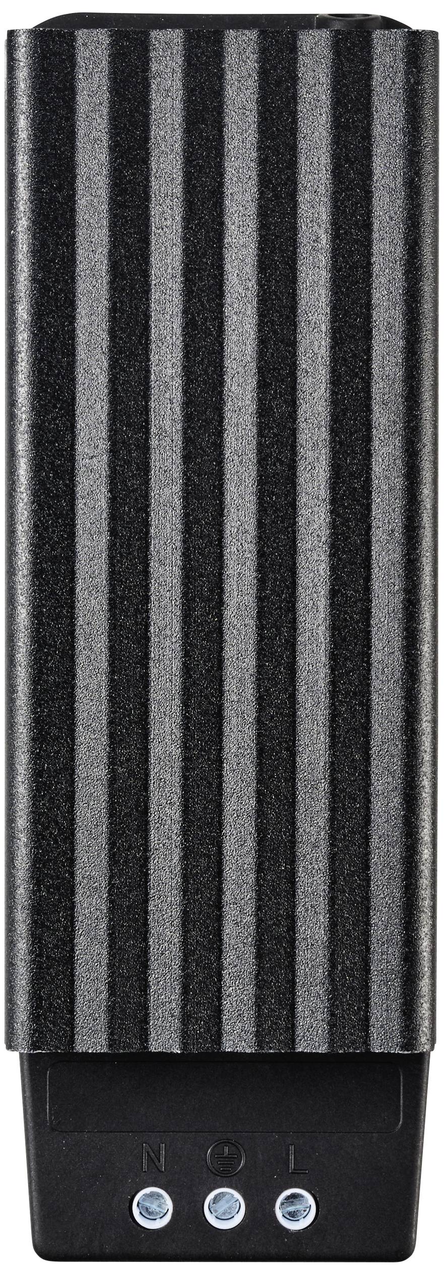 Black and grey striped electronic device with three blue indicator lights at the bottom. Positioned vertically.