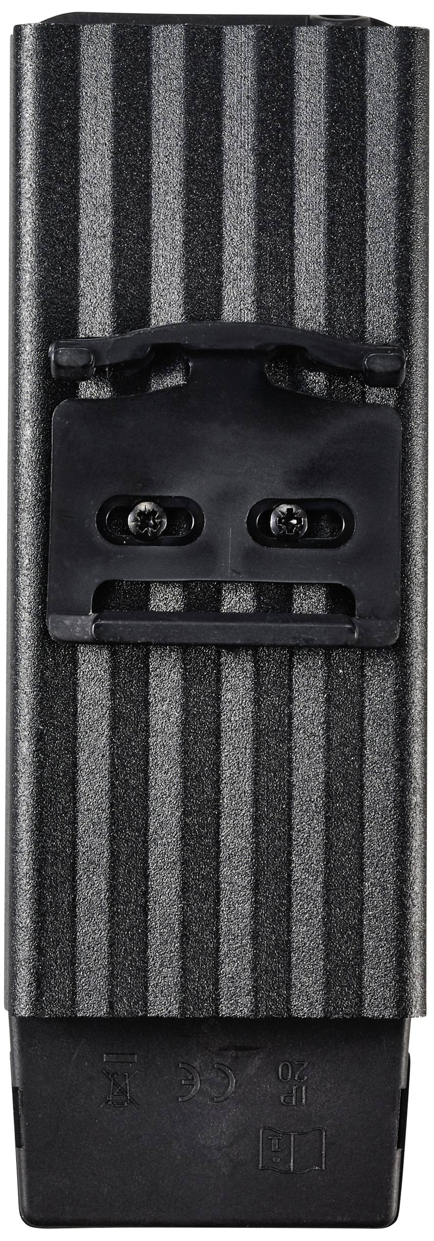 A black and grey razor with vertical stripes, two screws on the front, rectangular in shape.