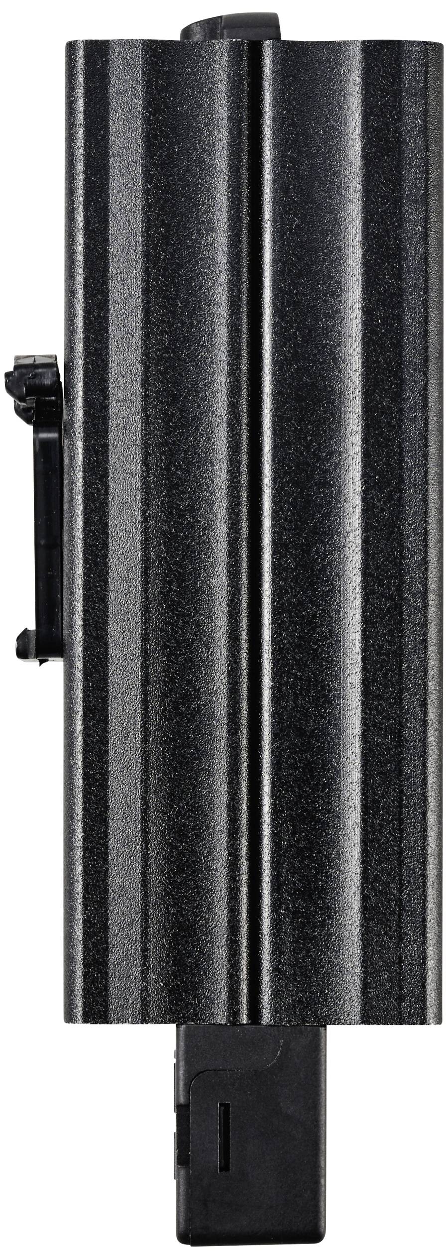 A black, elongated electronic item, possibly a USB device, with a textured surface.