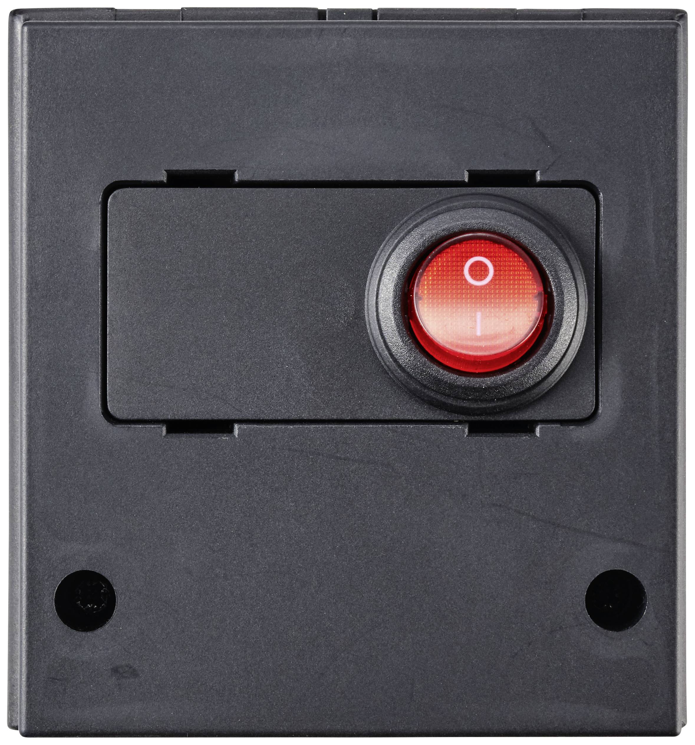 A black toggle switch with a red indicator light showing 'O' on a dark panel.