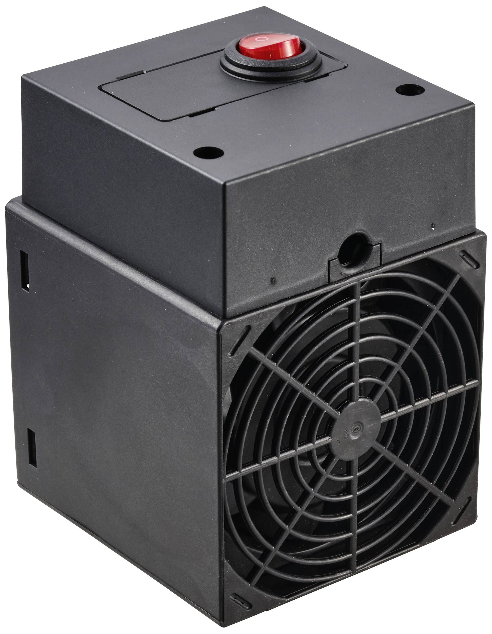 A black, rectangular device with a red button on top and a ventilation grille at the front, most likely an electronic cooling appliance.