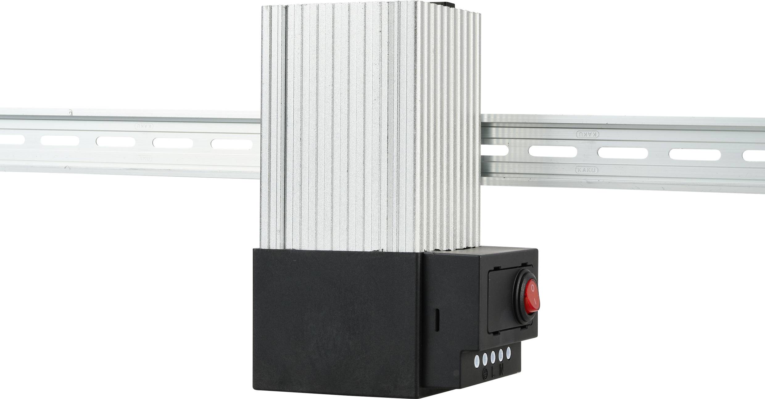 A silver, rectangular device with a black base and red button is attached to a metal pole.