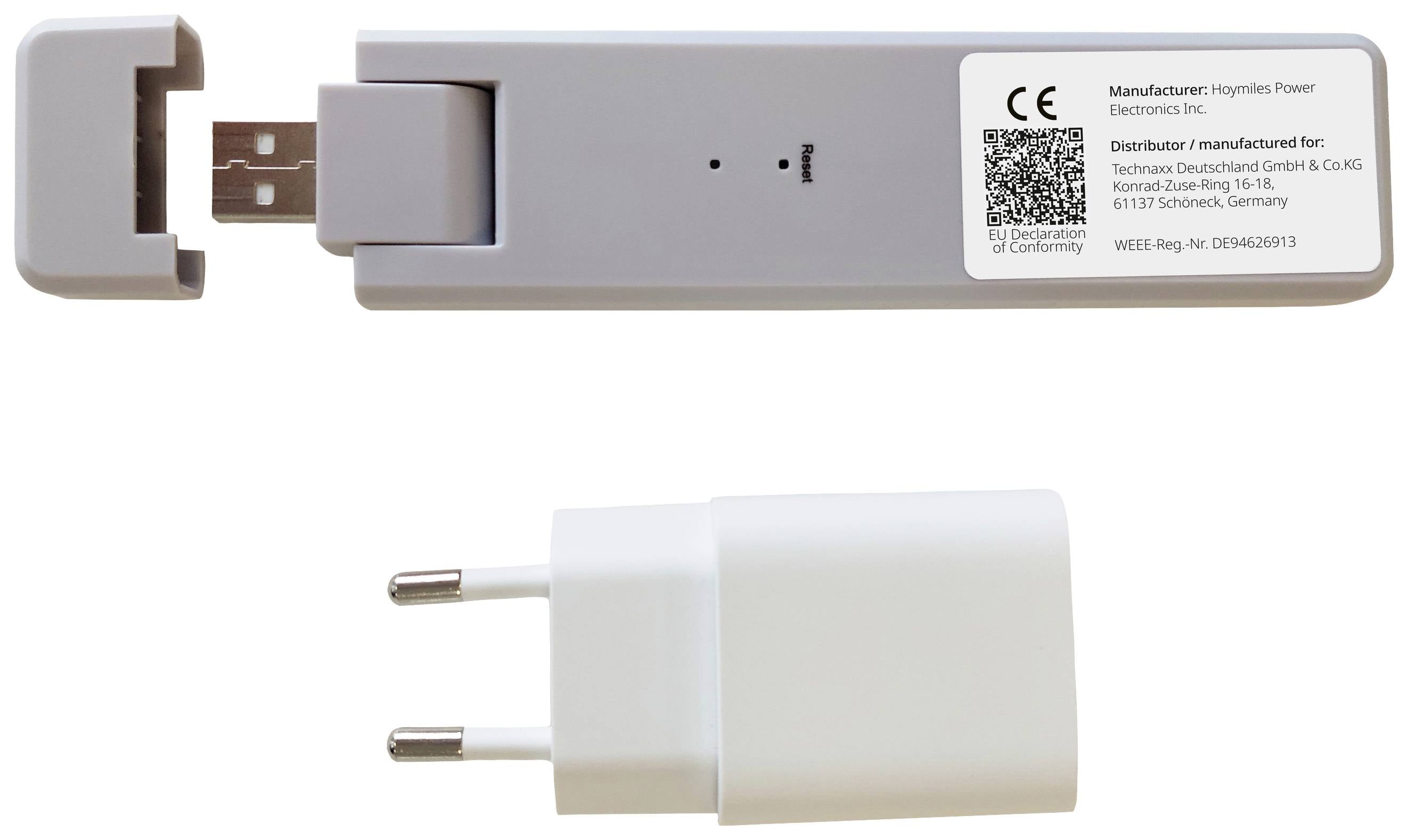 'USB stick and plug adapter: manufacturer details and CE marking visible. EAN code on the stick.'