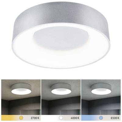 Round LED ceiling light in silver, displaying three colour temperatures: warm white (2700 K), neutral white (4000 K), cool white (6500 K).