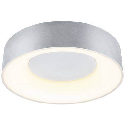 Round ceiling light with a grey frame and warm white illumination in the centre; modern design for interior spaces.