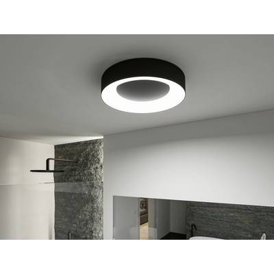 Modern ceiling light in a bathroom. The lamp is round and black, and provides even illumination of the room.