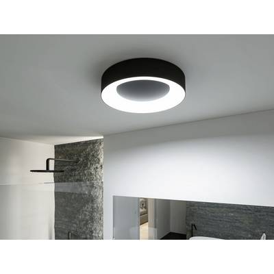 A contemporary round ceiling light illuminates a bathroom area featuring a rainfall shower and a stone wall.