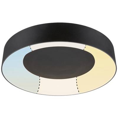 Round ceiling light with a segmented colour gradient transitioning from blue to yellow via white; black border; modern design.