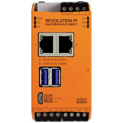 An orange device with the inscription 'Revolution Pi'. Two Ethernet ports and several plug connections are visible on the front.
