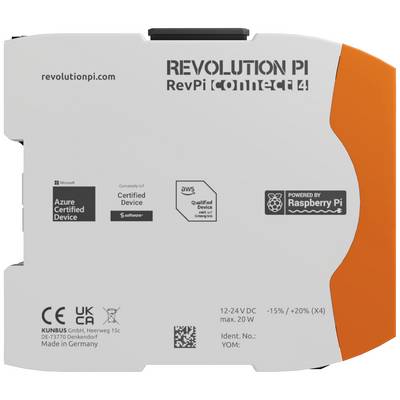 Industrial PC 'Revolution Pi Connect 4', grey-orange housing. Certified for Azure, Amazon AWS, with Raspberry Pi logo. Made in Germany.