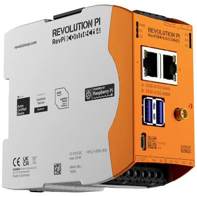 An orange and white industrial module called 'Revolution Pi'. It displays several ports and certificates on the left and right sides.