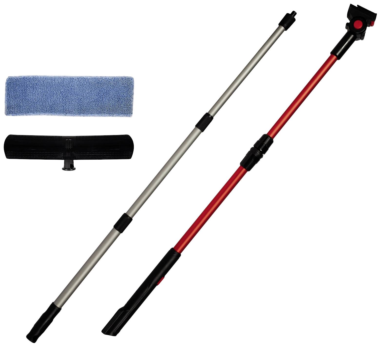 Extendable window cleaning pole in red and silver with two attachments: a blue microfibre pad and a black rubber blade.