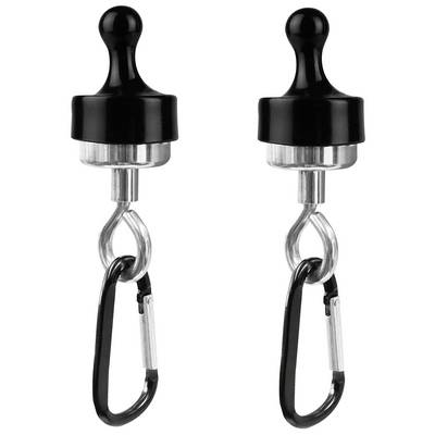 Two black magnetic hooks with carabiners, positioned parallel to each other. They are used for hanging and securing items.