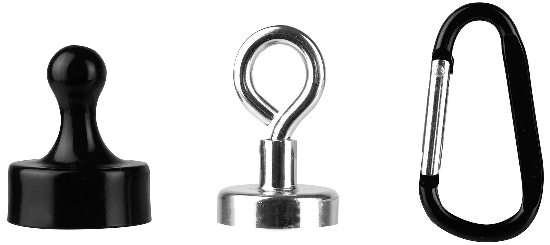 Three objects side by side: a black knob, a silver-coloured hook, and a black carabiner on a white background.