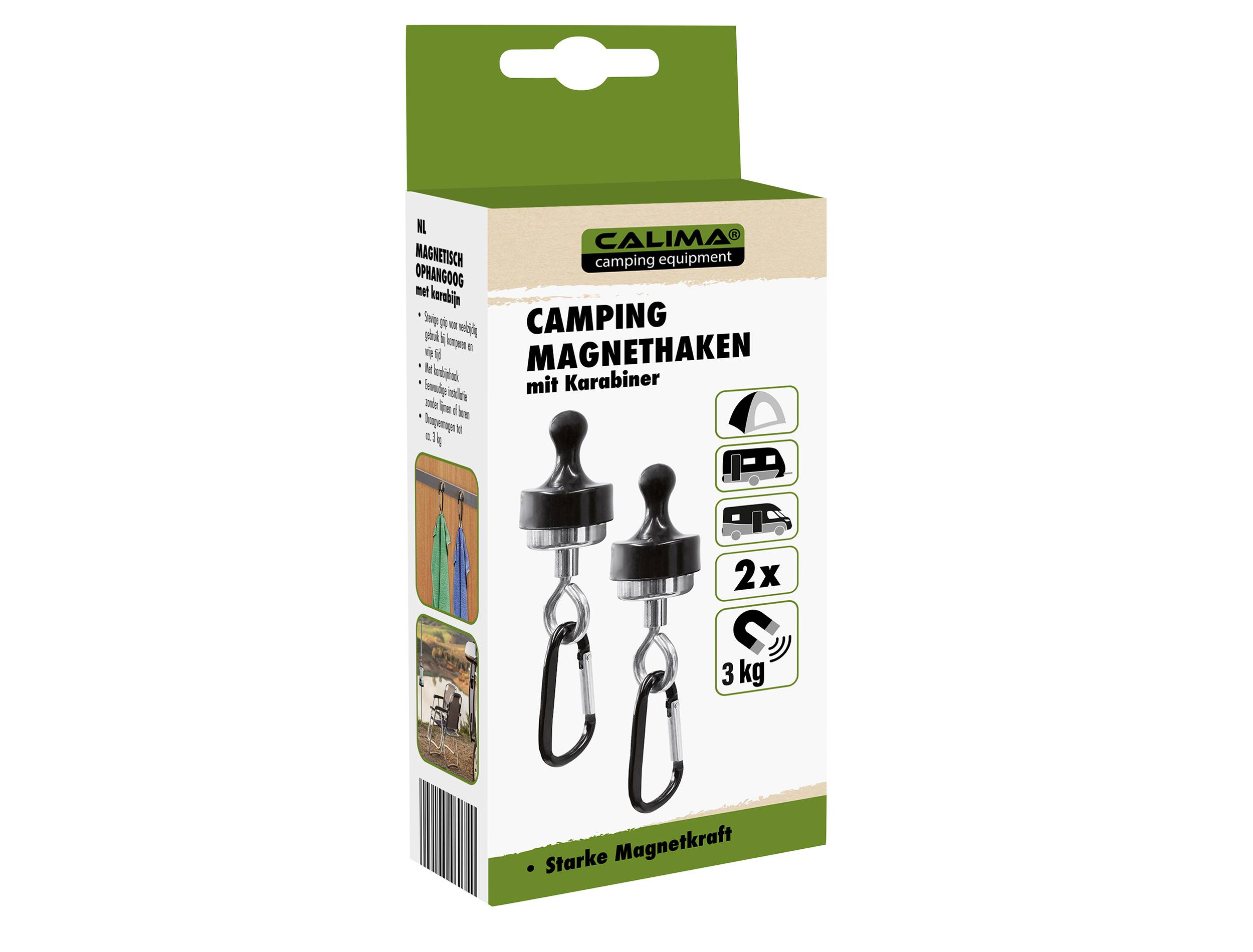 'Packaging for Magnetic Hooks with Carabiner for Camping. Contains two pieces, holds 3 kg. Suitable for vehicles and outdoor activities.'