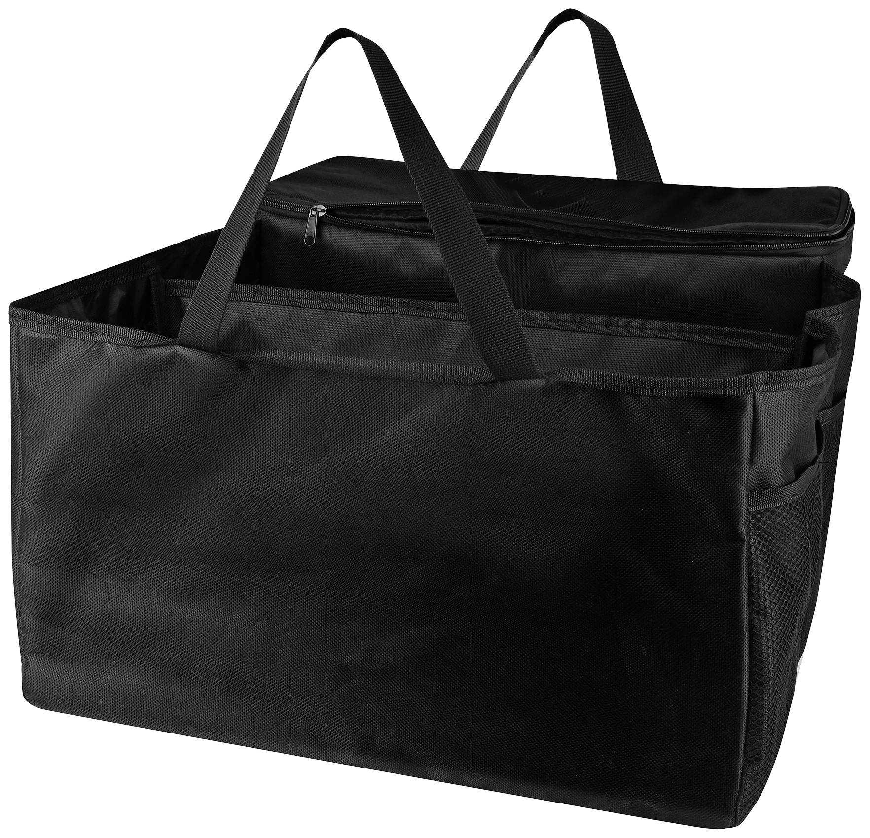 Black, rectangular bag with carrying handles and a zip. Suitable for transporting or storing items.
