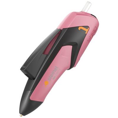 A pink glue stick by Steinel, model 'Gluer KG 1', with black and orange details, angled upwards.