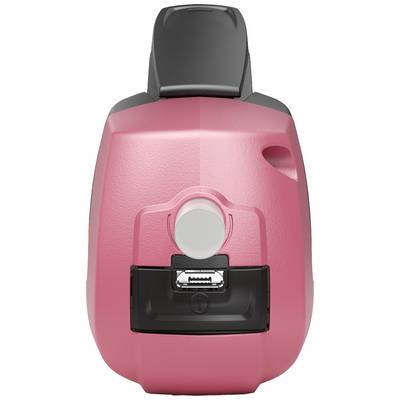 A pink, portable camera with a grey casing lid, a lens in the centre, and a USB port underneath.