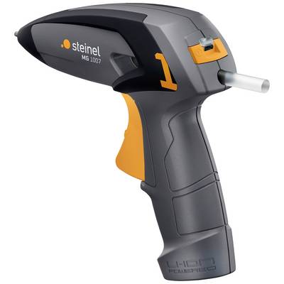 Battery-powered hot glue gun with ergonomic grip, grey and orange design, and battery level indicator. Suitable for precise gluing.