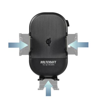 'VOLTCARFT VC-Qi-WCM15' wireless charger, black, with stand, shown from above with blue arrows indicating the charging mechanism.